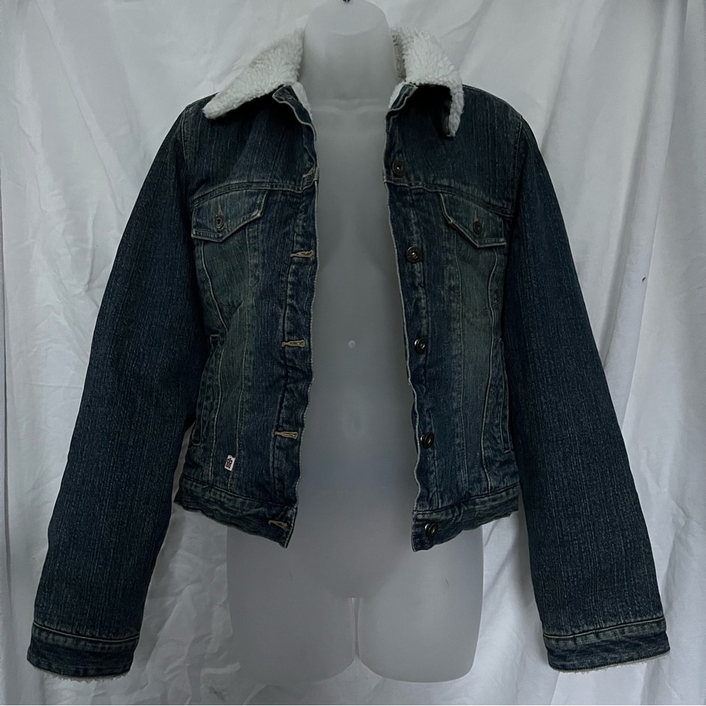 🦭 2000s Y2K PLUGG Denim Jean Jacket White Sherpa Shearling Lined